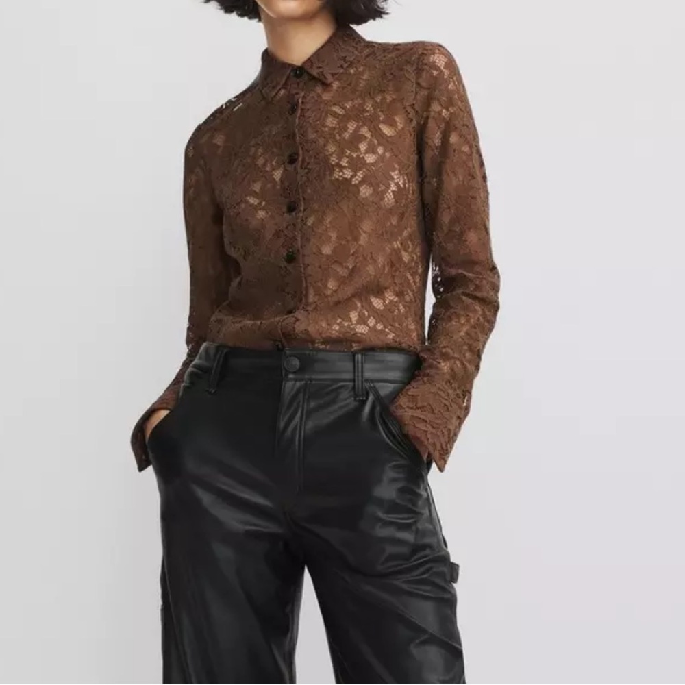 Jason Wu-Nwt Brown Lace Long-Sleeve Cropped Button Down Shirt